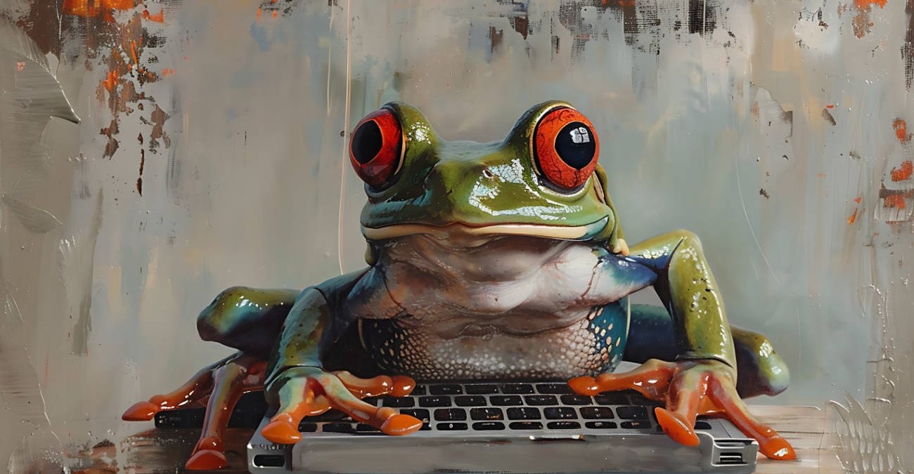 Ein Frosch sitzt vor einer Computer-Tastatur. Ein Symbolbild für Green IT.