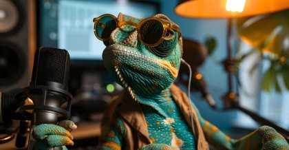 Ein Chamäleon mit Sonenbrille sitzt vor einem Mikrofon. Es spricht den IT Security Newsletter ein.