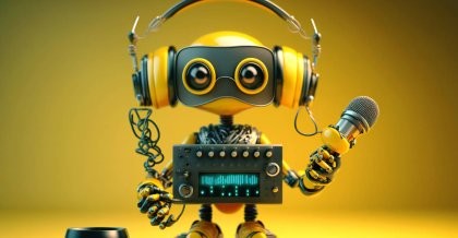 Ein kleiner Roboter mit Kopfhörern hält ein Mikrofon. Er zeichnet einen Tech Podcast auf.